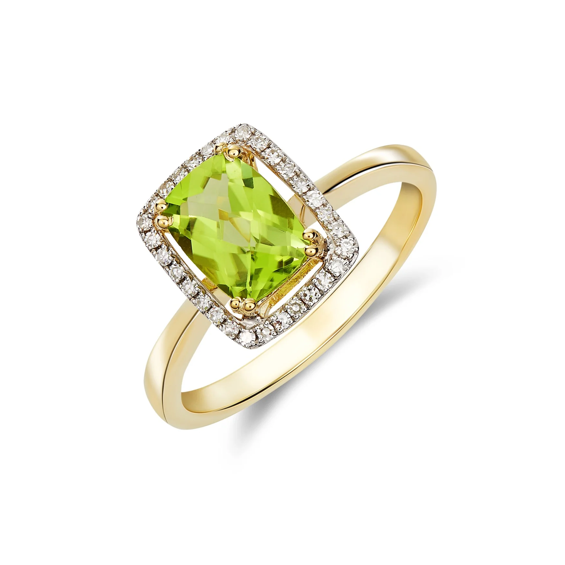 9CT Yellow Gold Octagonal Cushion Peridot & Diamond Cluster Ring (8x6mm) - Robert Anthony Jewellers, Edinburgh