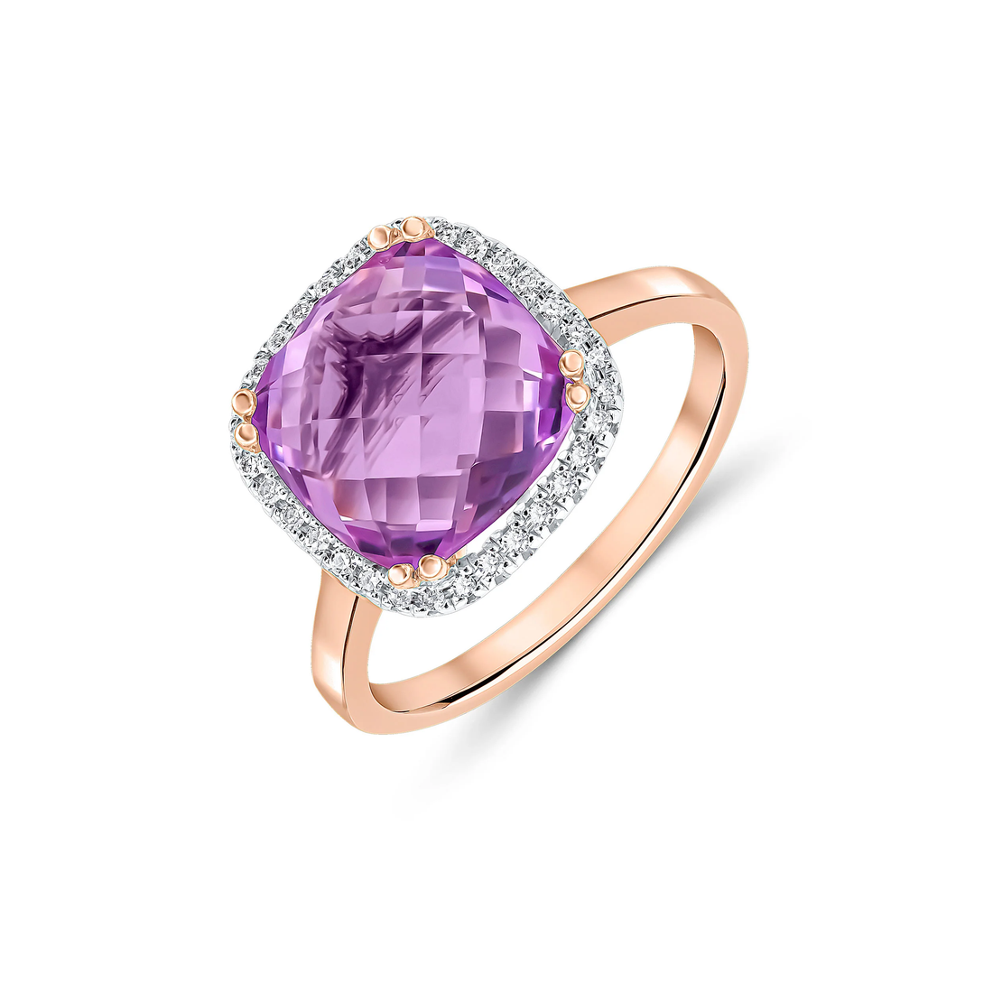 9CT Rose Gold Cushion Pink Amethyst & Diamond Cluster Ring (10mm) - Robert Anthony Jewellers, Edinburgh