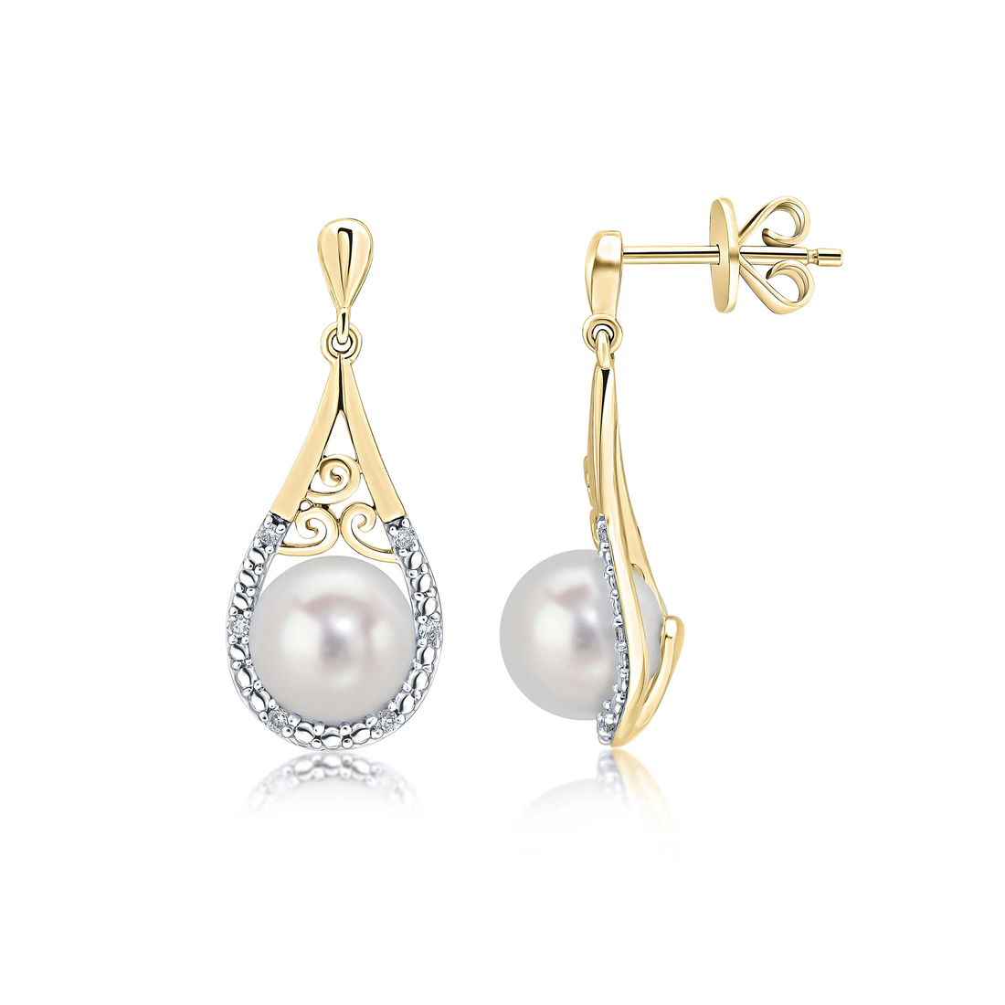 9CT Yellow Gold Diamond &amp; Pearl Basket Drop Earrings - Robert Anthony Jewellers, Edinburgh