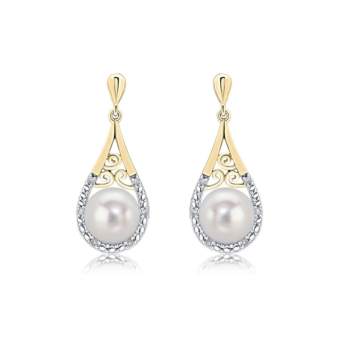 9CT Yellow Gold Diamond &amp; Pearl Basket Drop Earrings - Robert Anthony Jewellers, Edinburgh