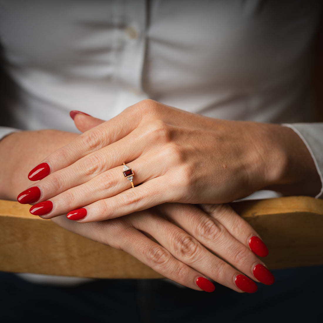 9CT Yellow Gold Emerald-Cut Garnet with Ring with Vintage Diamond-Set Shoulders - Robert Anthony Jewellers, Edinburgh