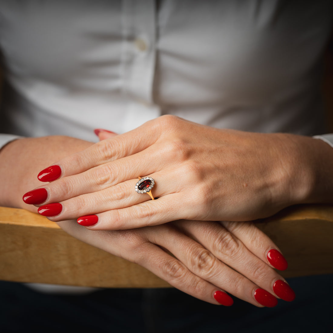 9CT Yellow Gold Garnet Ring with Diamond Halo - Robert Anthony Jewellers, Edinburgh