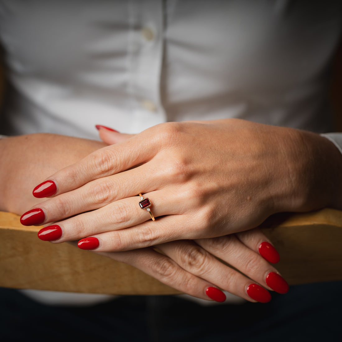9CT Yellow Gold Garnet Ring with Side Diamonds - Robert Anthony Jewellers, Edinburgh