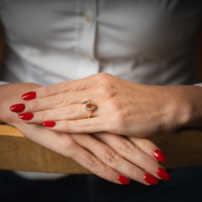 9CT Yellow Gold Citrine Oval with Diamond Halo Ring - Robert Anthony Jewellers, Edinburgh