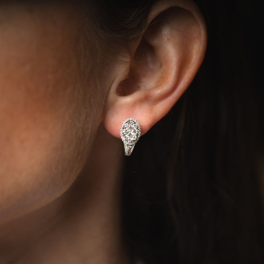 18CT White Gold Oval Diamond Halo Huggie Earrings (2cts) - Robert Anthony Jewellers, Edinburgh