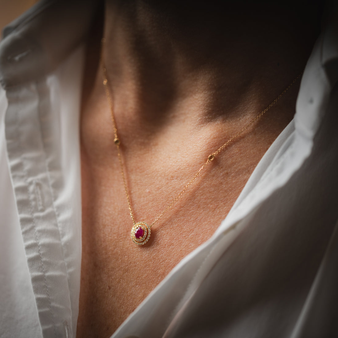 Diamond and Ruby Solitaire Double Halo Pendant Necklace Yellow Gold - Robert Anthony Jewellers, Edinburgh