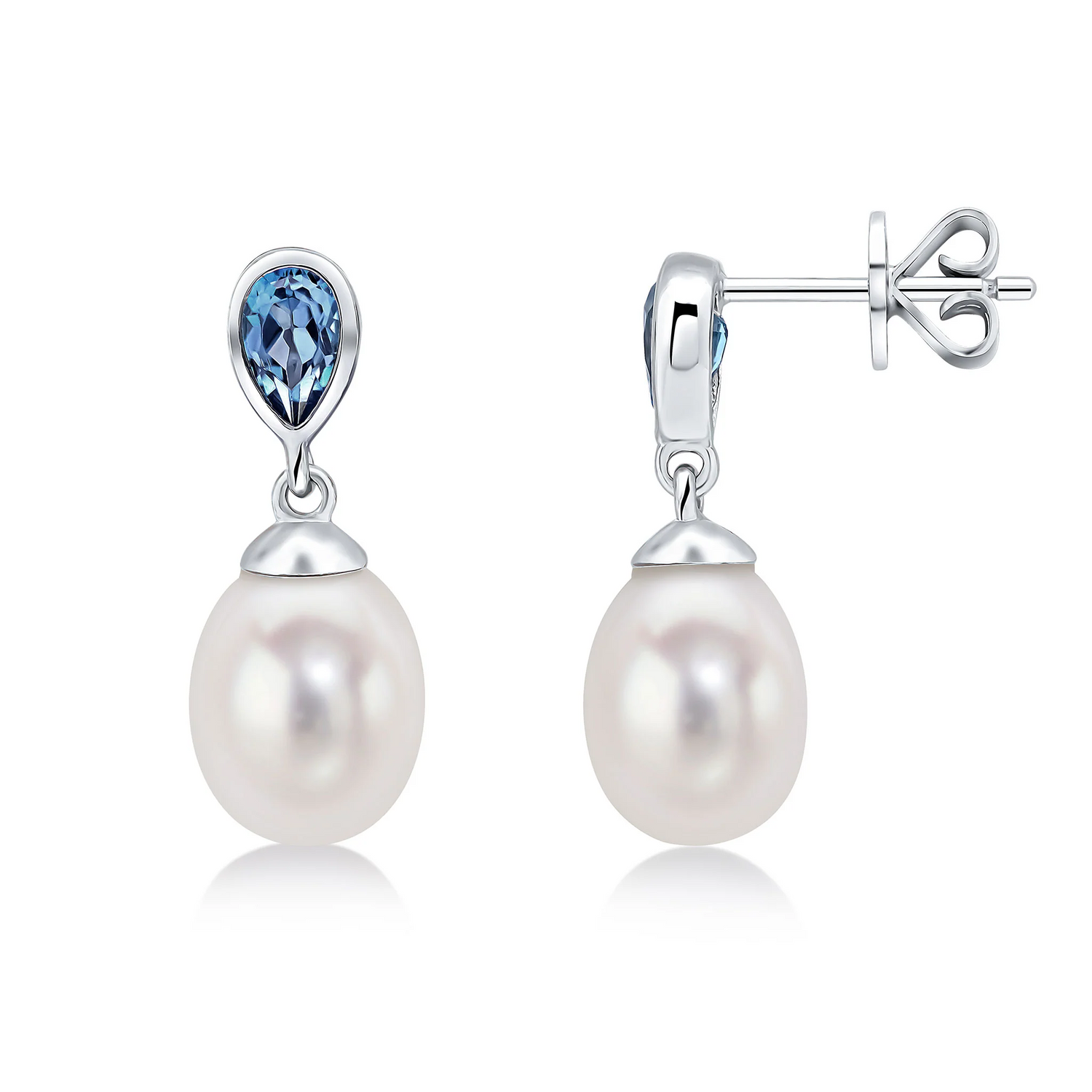 9CT White Gold Pearl &amp; London Blue Topaz Drop Earrings - Robert Anthony Jewellers, Edinburgh