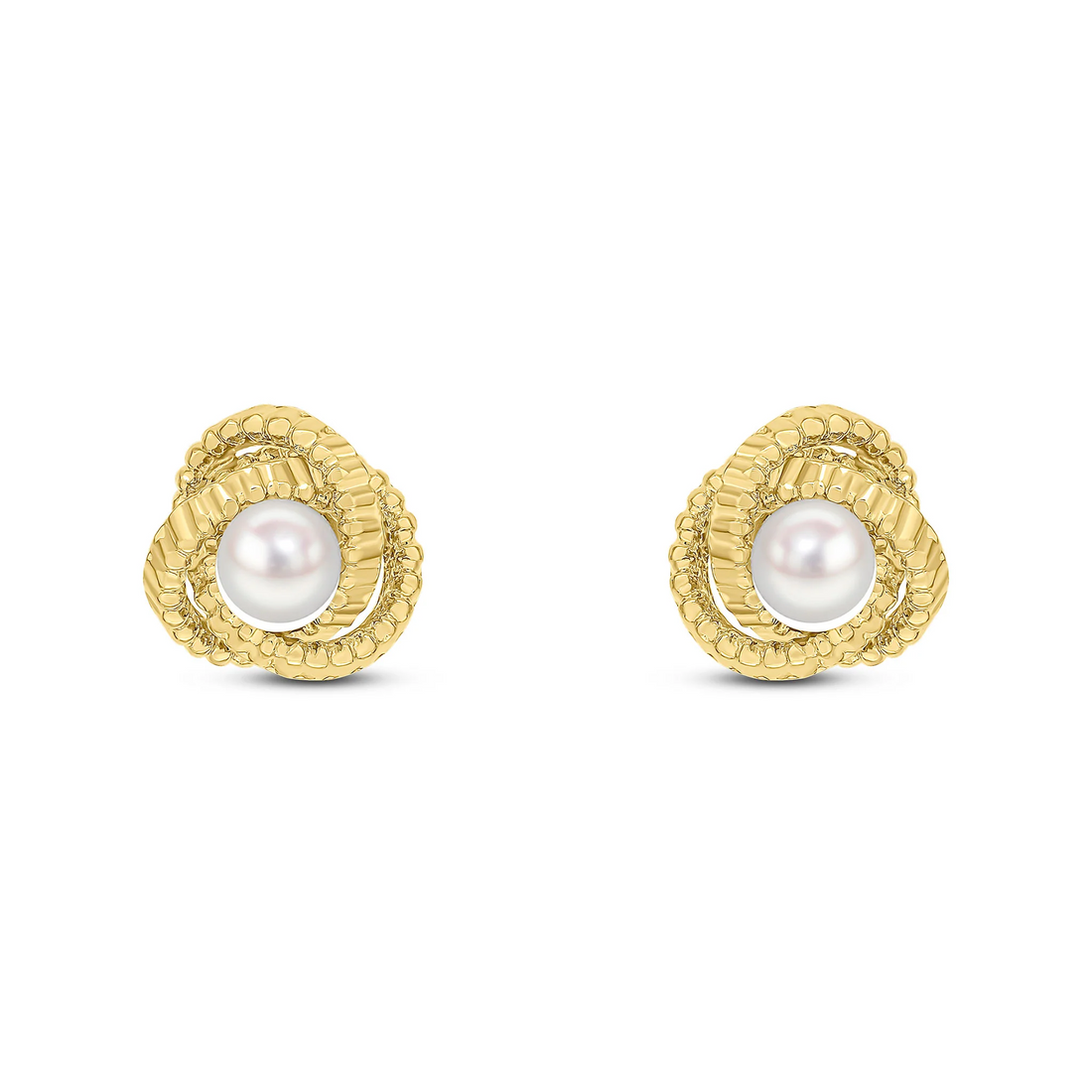 9CT Yellow Gold Textured Knot Stud Earrings with 5mm Pearl - Robert Anthony Jewellers, Edinburgh