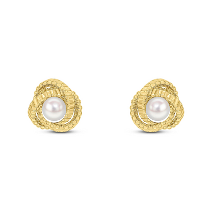 9CT Yellow Gold Textured Knot Stud Earrings with 5mm Pearl - Robert Anthony Jewellers, Edinburgh