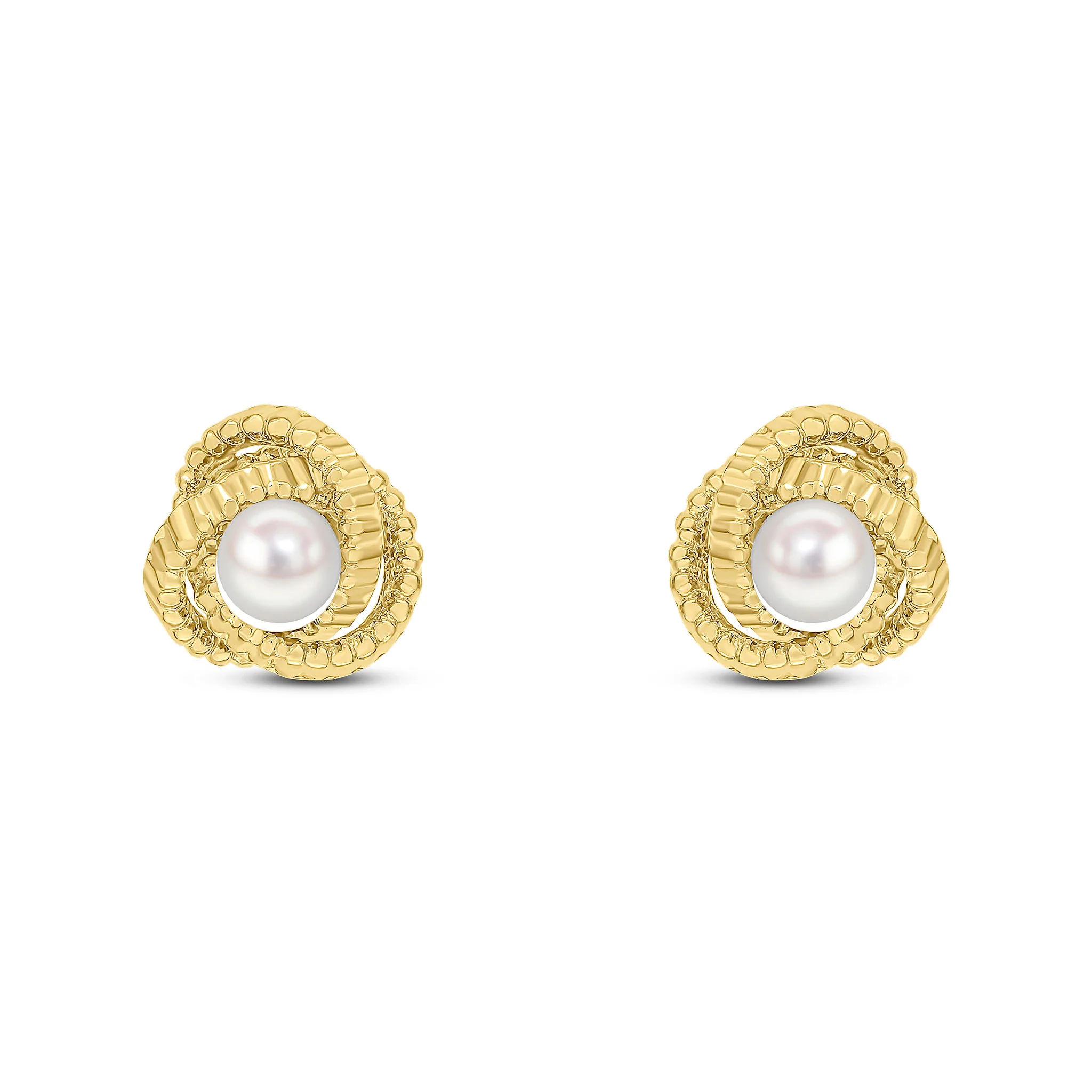 9CT Yellow Gold Textured Knot Stud Earrings with 5mm Pearl - Robert Anthony Jewellers, Edinburgh