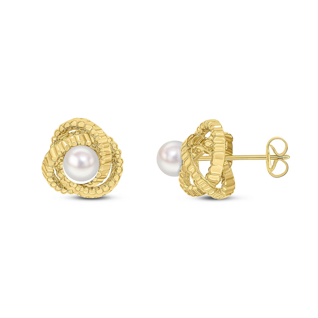 9CT Yellow Gold Textured Knot Stud Earrings with 5mm Pearl - Robert Anthony Jewellers, Edinburgh