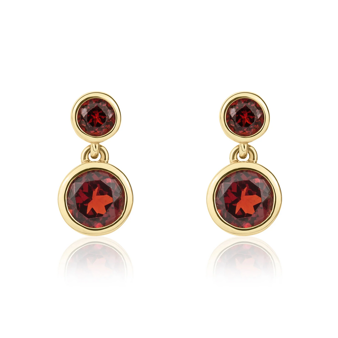 9CT Gold Round Garnet Double Stone Rubover Drop Earrings
