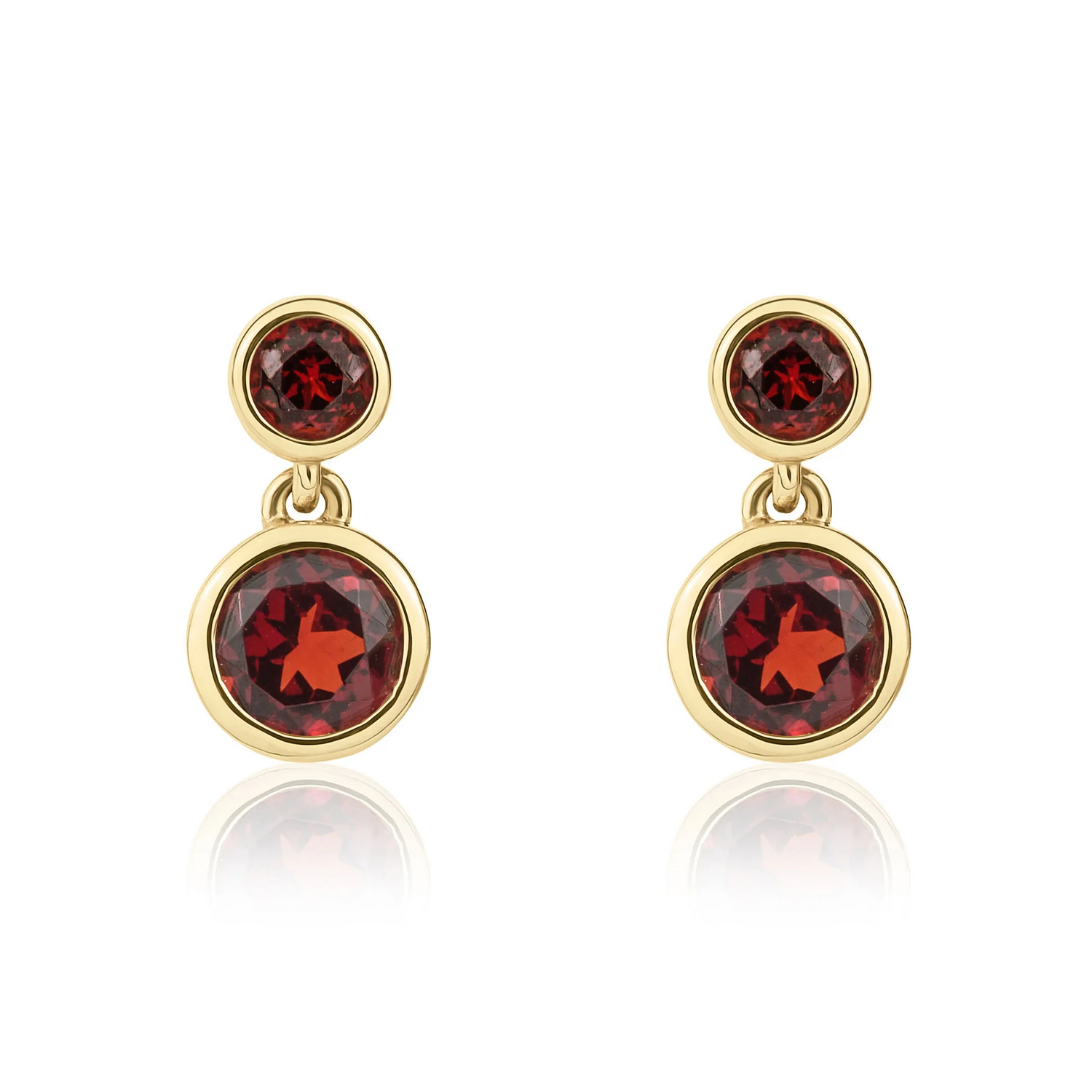 9CT Gold Round Garnet Double Stone Rubover Drop Earrings - Robert Anthony Jewellers, Edinburgh