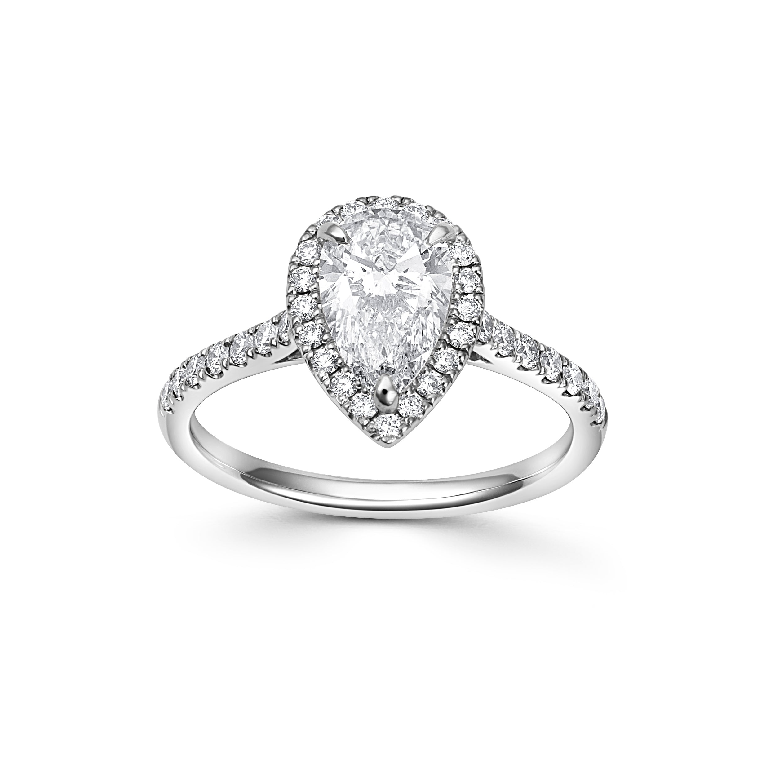 Platinum Ring, Solitaire Pear Cut Lab Grown Diamond with Surrounding Halo