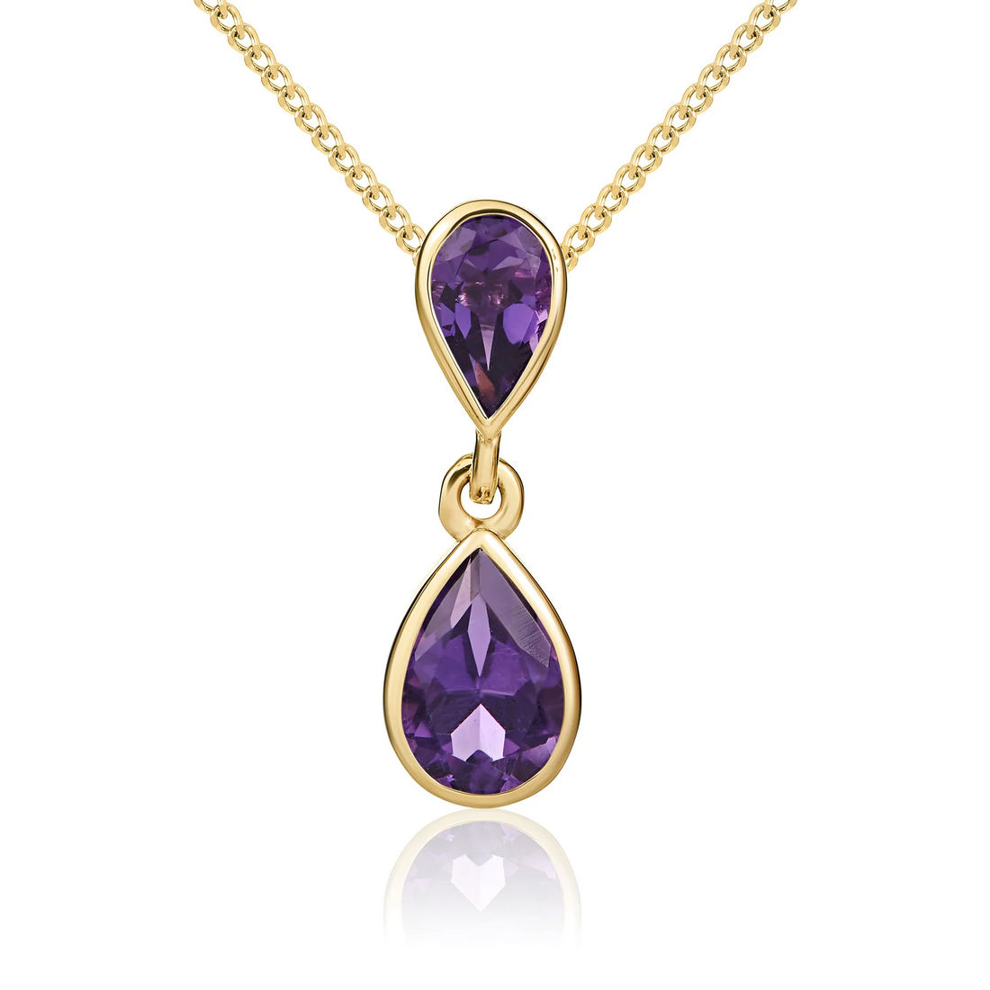 9CT Gold Pear Shaped Amethyst Rubover Double Drop Pendant - Robert Anthony Jewellers, Edinburgh