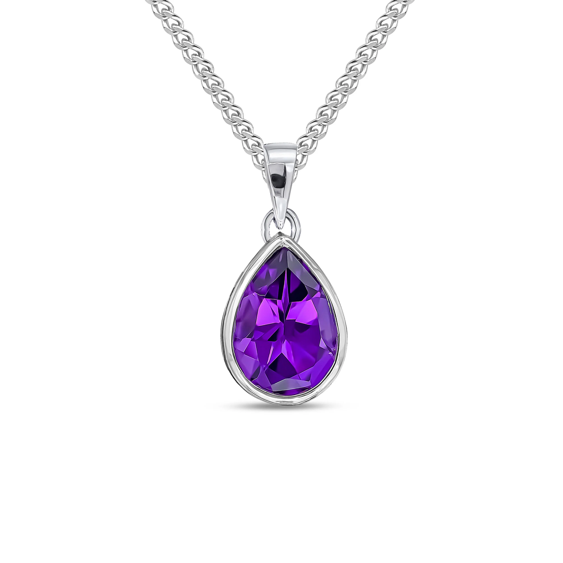 9CT White Gold Pear Shaped Amethyst Rubover Pendant (10x7mm) - Robert Anthony Jewellers, Edinburgh