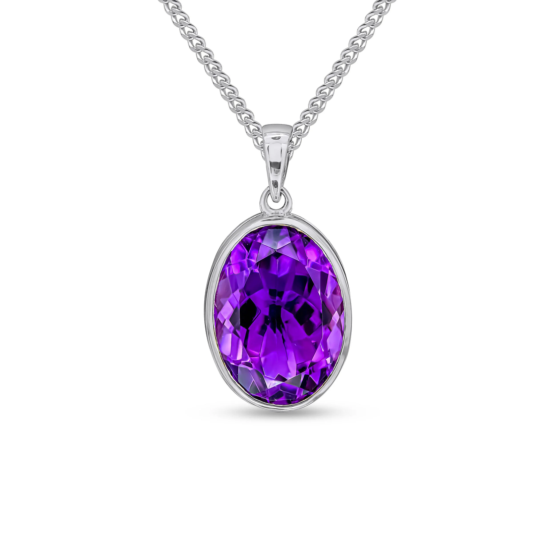 9CT White Gold Oval Amethyst Rubover Pendant (14x10mm) - Robert Anthony Jewellers, Edinburgh