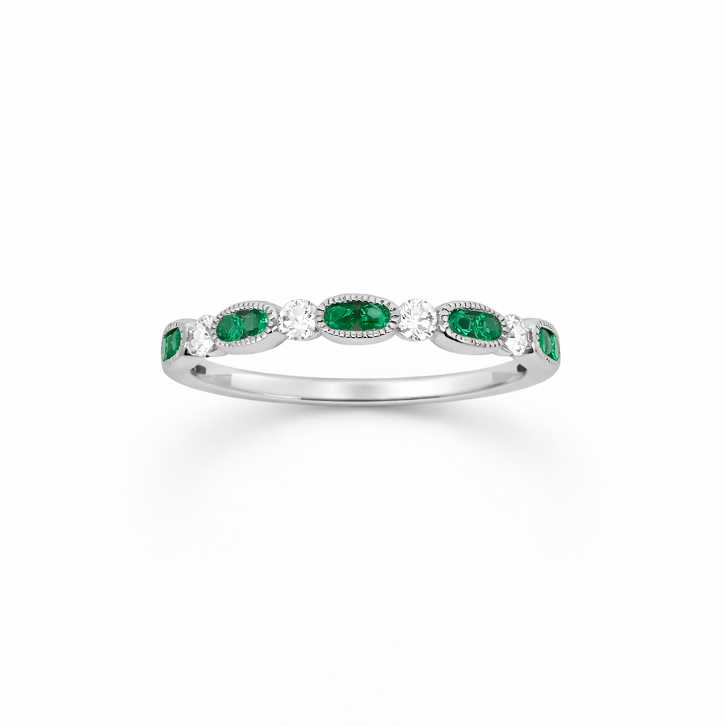 18ct White Gold Emerald &amp; Diamond Band Ring