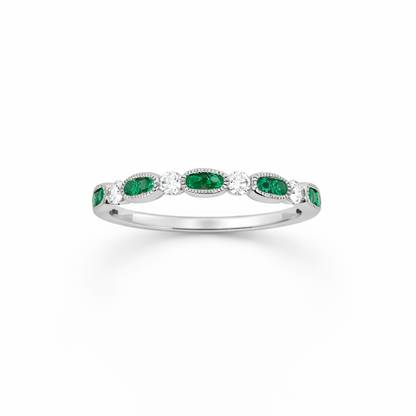 18ct White Gold Emerald &amp; Diamond Band Ring