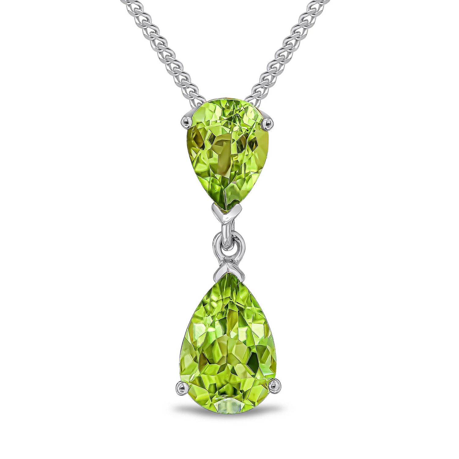 9CT White Gold Pear Shaped Peridot Claw Two Stone Pendant