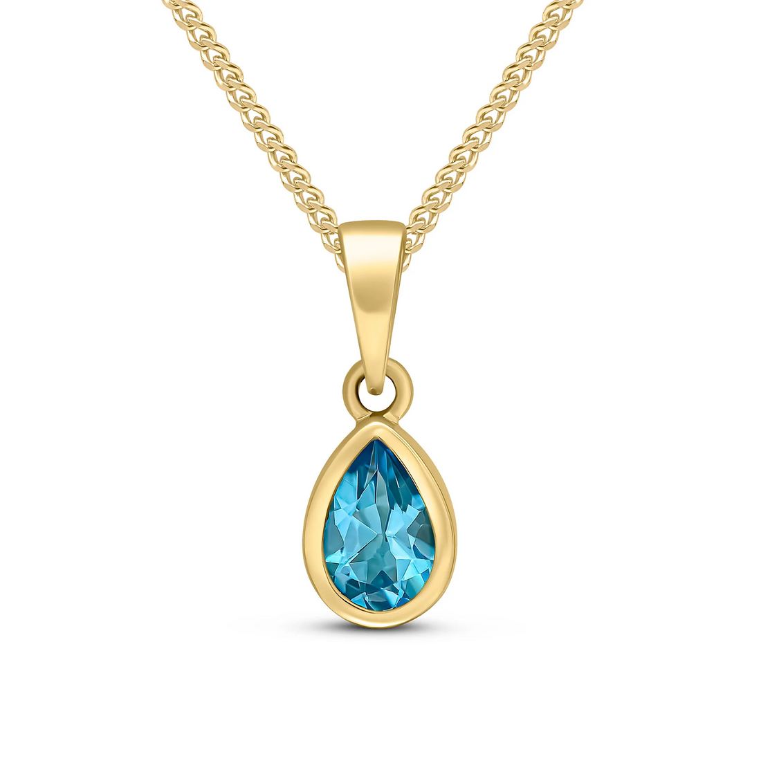 9CT Gold Pear Shaped Swiss Blue Topaz Rubover Pendant (6x4mm) - Robert Anthony Jewellers, Edinburgh