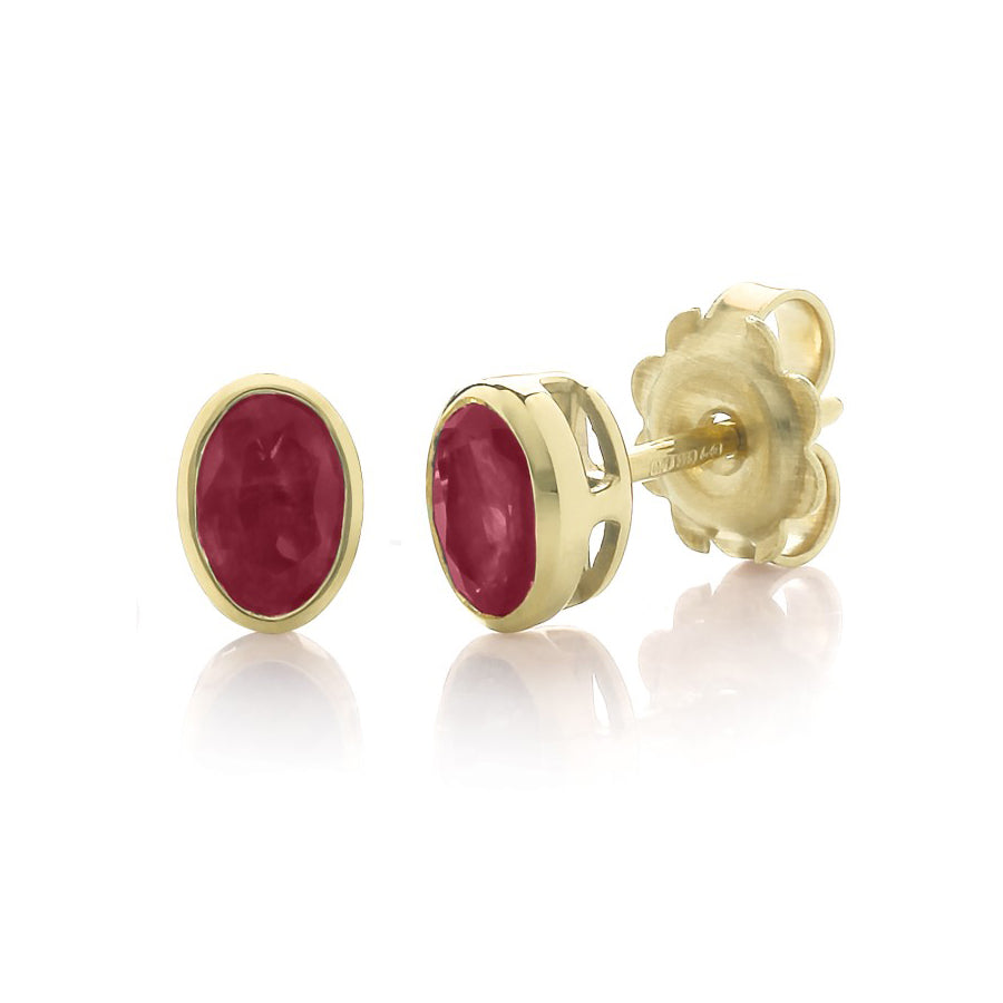 9CT Yellow Gold Bezel Set Earrings with 6x4mm Oval Ruby - Robert Anthony Jewellers, Edinburgh