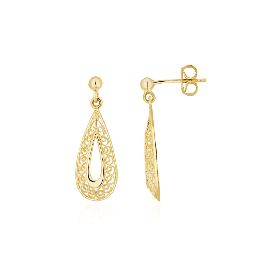 9CT Yellow Gold Pear Shape Filigree Drop Earrings (25x9mm) - Robert Anthony Jewellers, Edinburgh