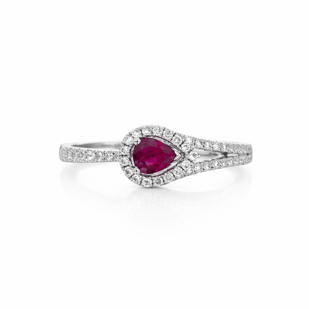 Elegant Ruby &amp; Diamond Pear Halo Ring – 18ct Gold