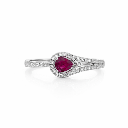 Elegant Ruby &amp; Diamond Pear Halo Ring – 18ct Gold