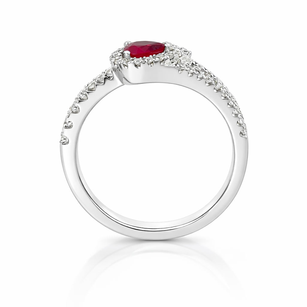 Elegant Ruby &amp; Diamond Pear Halo Ring – 18ct Gold