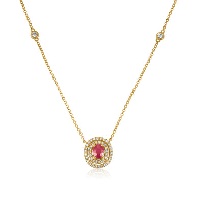 Diamond and Ruby Solitaire Double Halo Pendant Necklace Yellow Gold - Robert Anthony Jewellers, Edinburgh