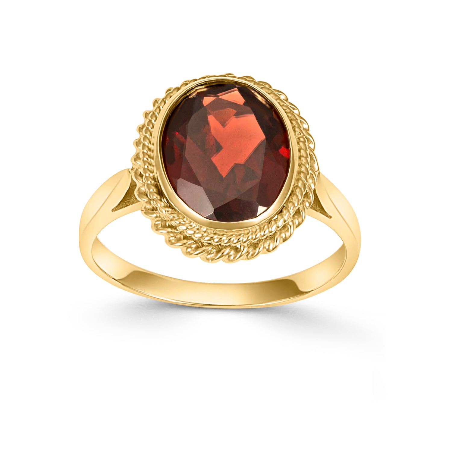 Yellow Gold Large Oval Garnet Ring with Vintage Rope Edge - Robert Anthony Jewellers, Edinburgh