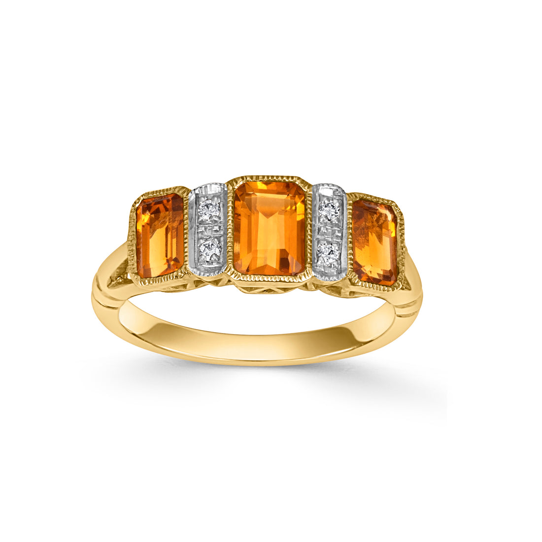 9CT Yellow Gold Citrine and Diamond Baguette Ring - Robert Anthony Jewellers, Edinburgh