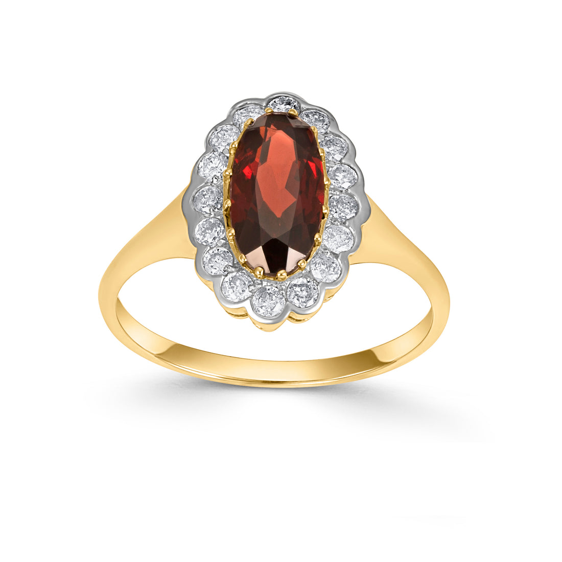 9CT Yellow Gold Garnet Ring with Diamond Halo - Robert Anthony Jewellers, Edinburgh