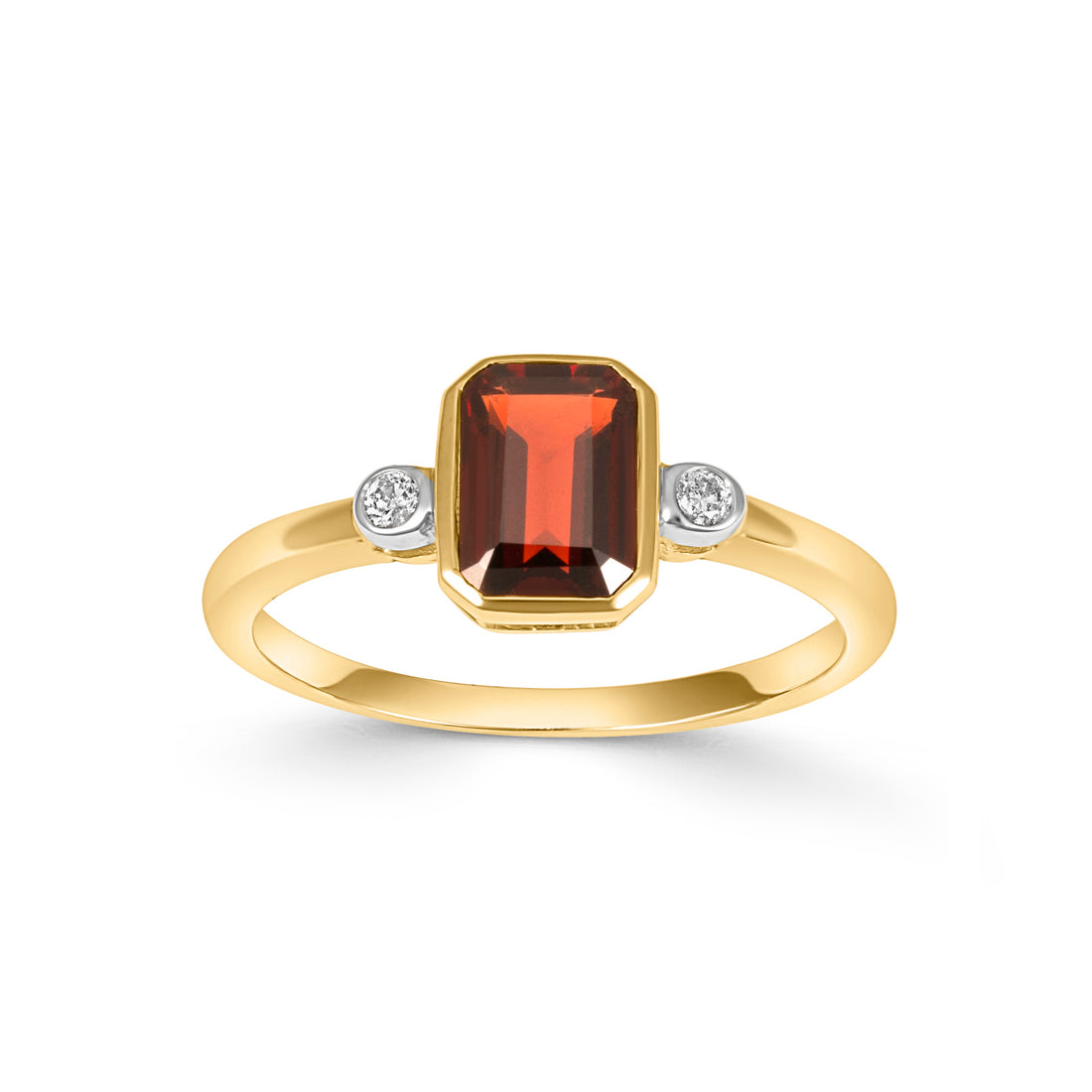 9CT Yellow Gold Garnet Ring with Side Diamonds - Robert Anthony Jewellers, Edinburgh