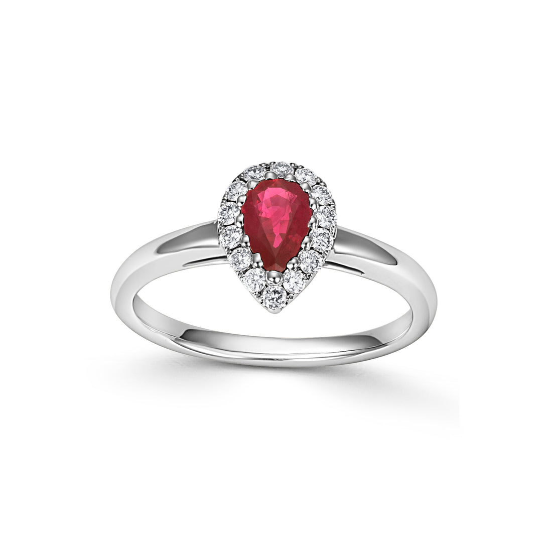 18CT White Gold Pear-shaped Ruby with Diamond Halo Ring