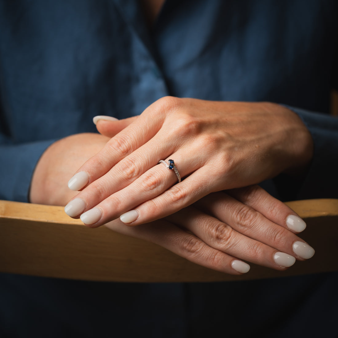 9ct White Gold Sapphire and Diamond Cross Over Ring - Robert Anthony Jewellers, Edinburgh