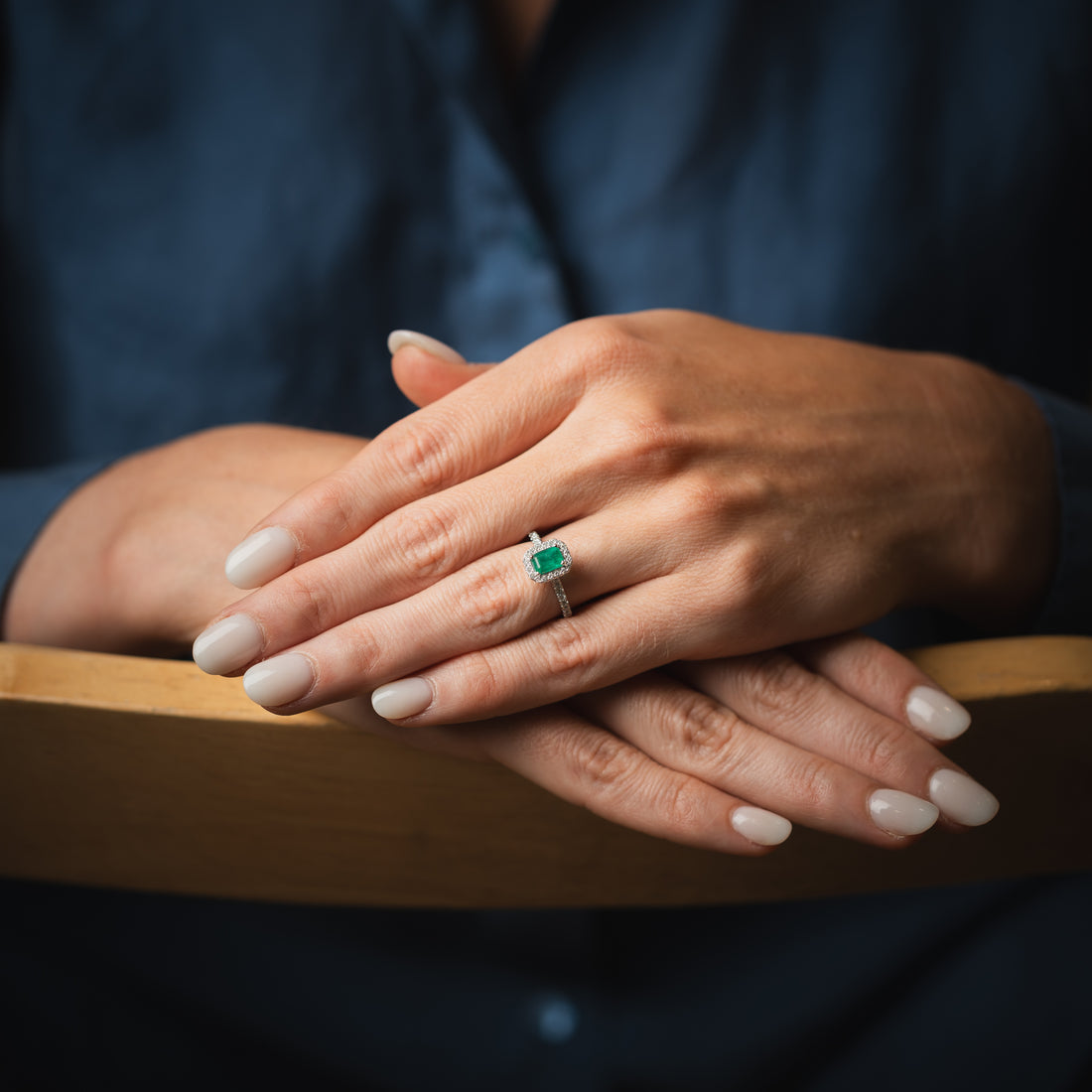 18ct White Gold Emerald and Diamond Halo Cluster Ring - Robert Anthony Jewellers, Edinburgh