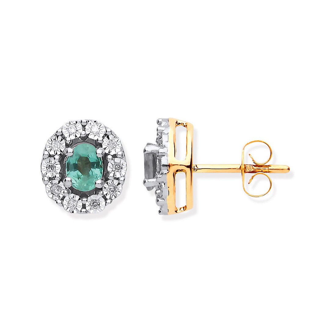 9ct Yellow Gold Emerald and Diamond Oval Stud Earrings