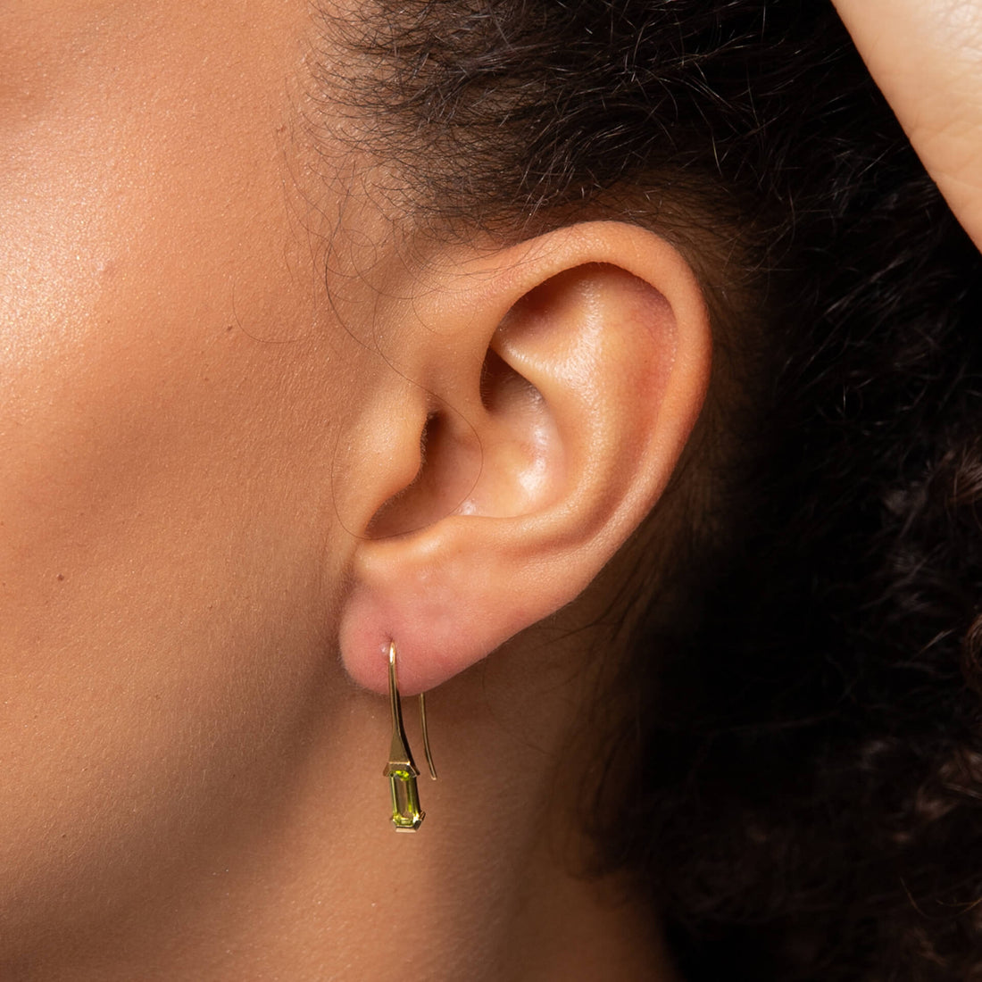 Elongated Green Peridot Hook Earrings in 9ct Yellow Gold - Robert Anthony Jewellers, Edinburgh