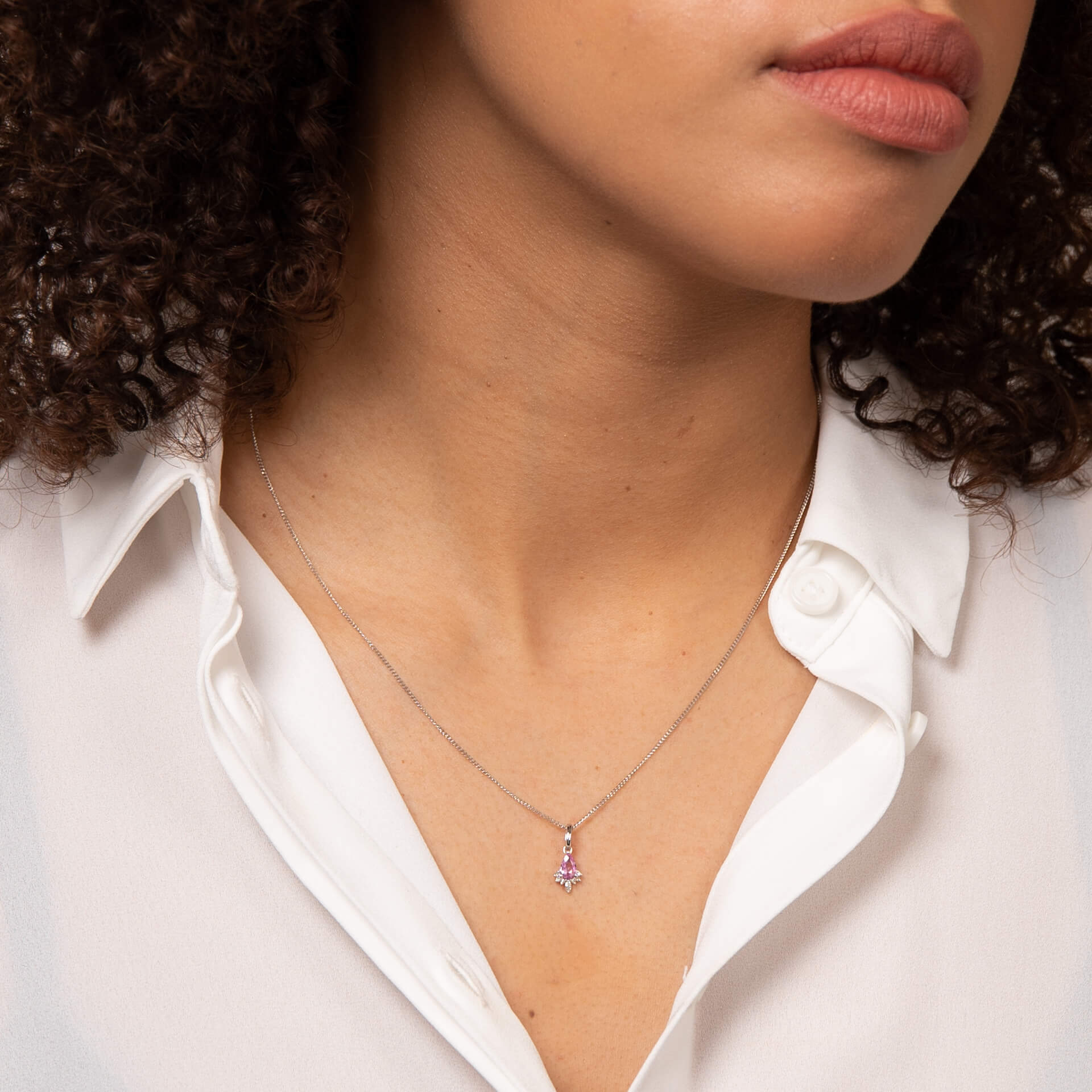 Pink Sapphire Teardrop Pendant with Diamond in 9ct White Gold - Robert Anthony Jewellers, Edinburgh