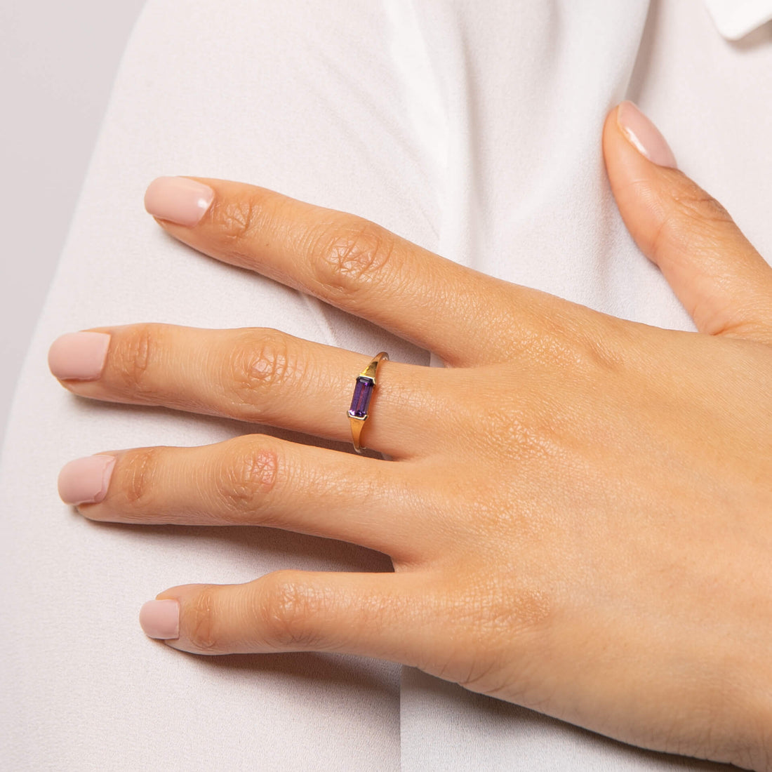 Elongated Purple Amethyst Ring in 9ct Yellow Gold - Robert Anthony Jewellers, Edinburgh