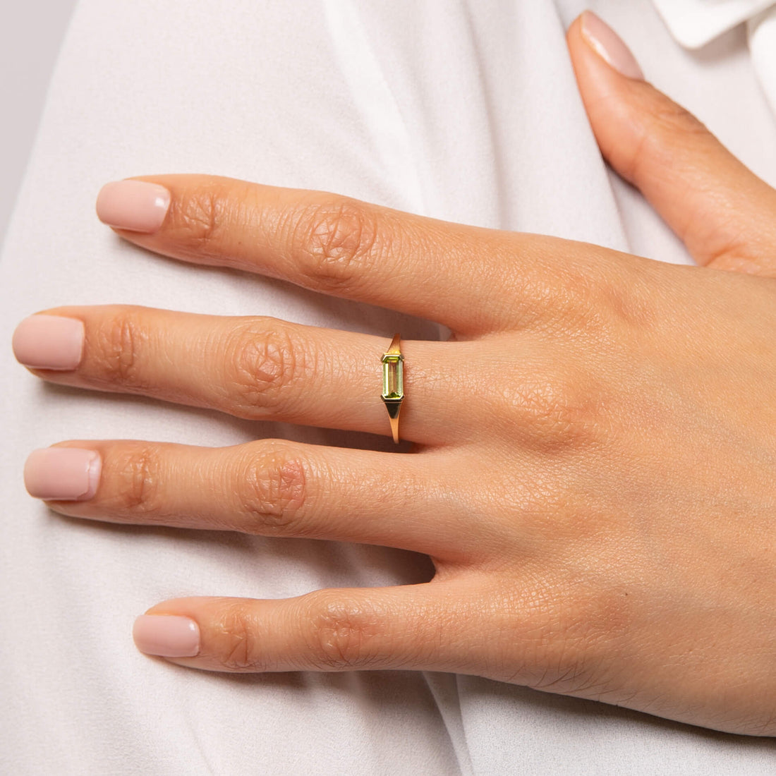 Elongated Green Peridot Ring in 9ct Yellow Gold - Robert Anthony Jewellers, Edinburgh