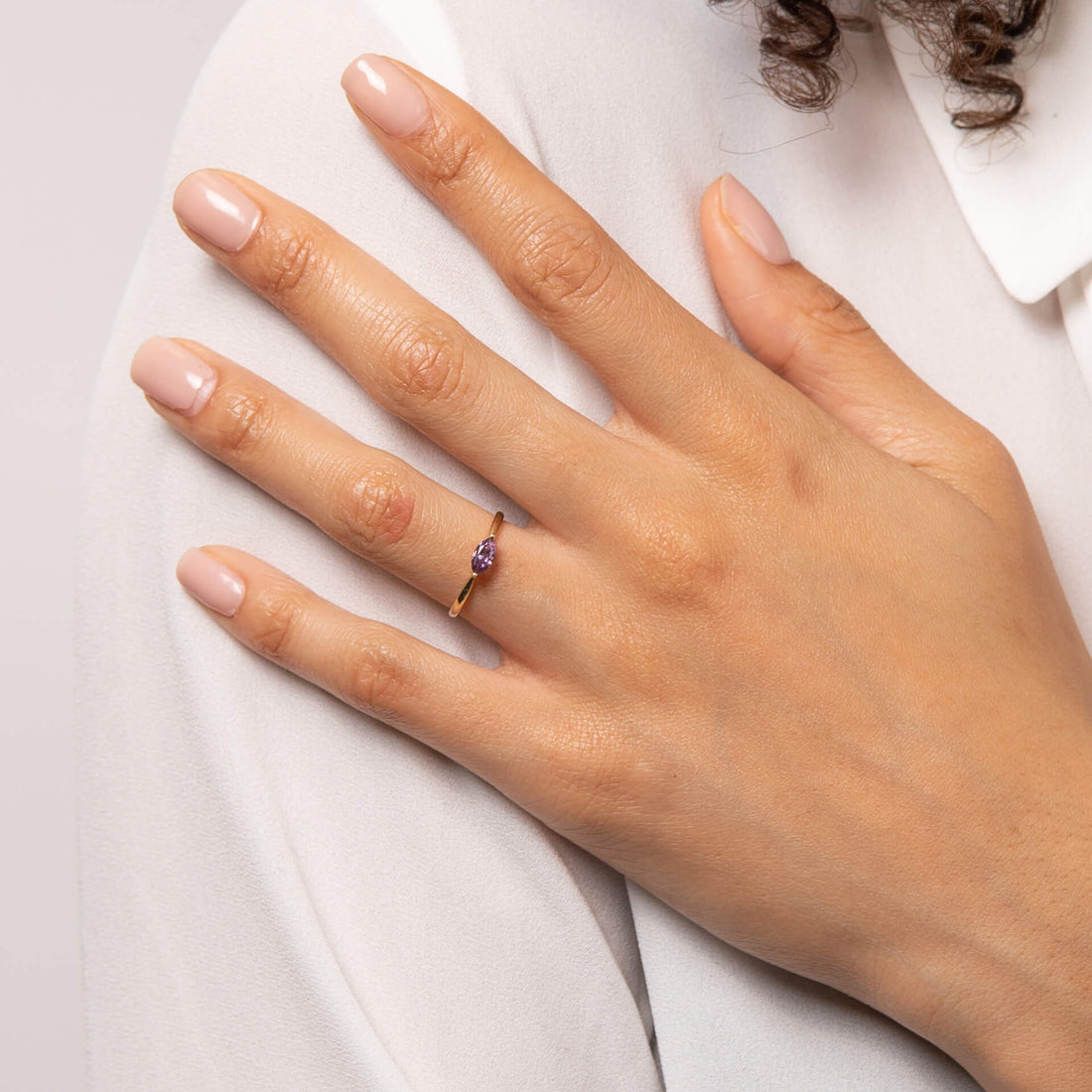 Navette Cut Purple Sapphire Ring in 9ct Yellow Gold - Robert Anthony Jewellers, Edinburgh