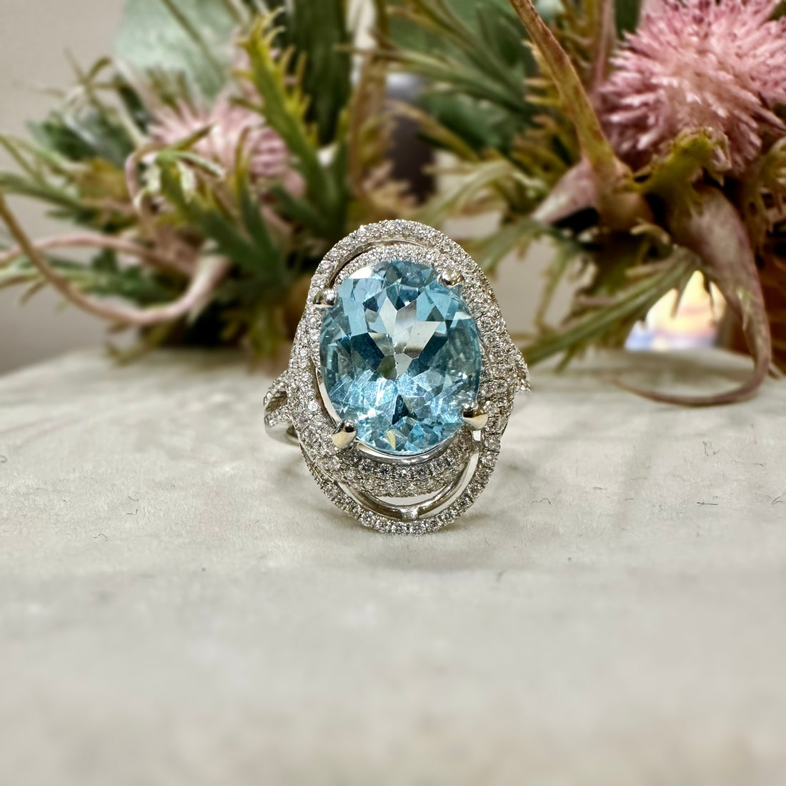 18CT White Gold Blue Topaz Diamond Astrology Ring - Robert Anthony Jewellers, Edinburgh