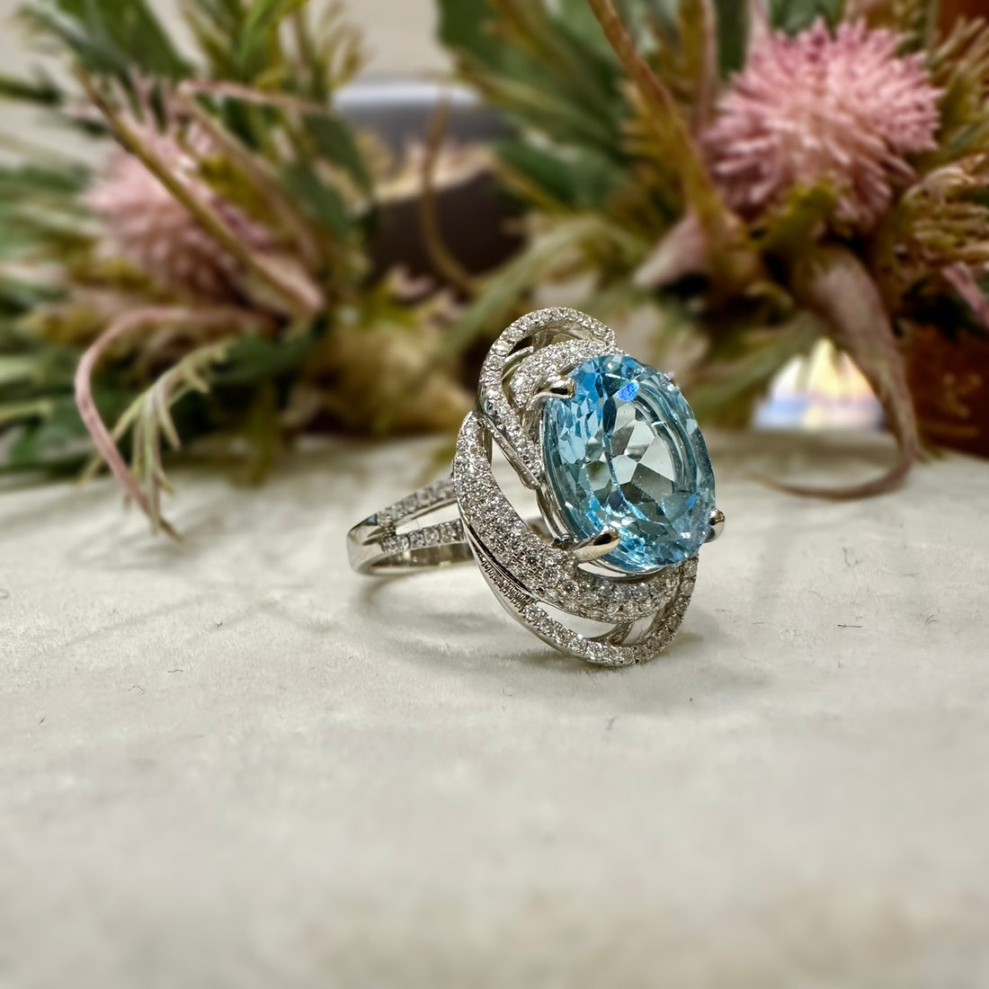 18CT White Gold Blue Topaz Diamond Astrology Ring - Robert Anthony Jewellers, Edinburgh