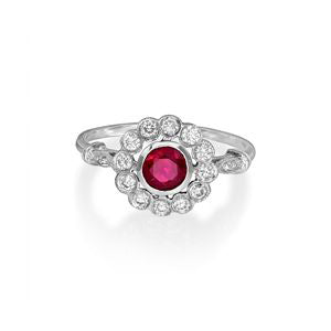 18Ct. White Gold Ruby Cluster and Diamond Ring with Round Centre - Robert Anthony Jewellers, Edinburgh