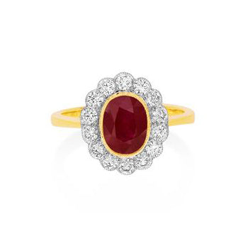 18Ct. Yellow Gold Cluster Ring with Oval Ruby Centre and Diamonds - Robert Anthony Jewellers, Edinburgh