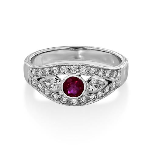 18Ct. White Gold Vintage Ring with Round Ruby Centre and Diamonds