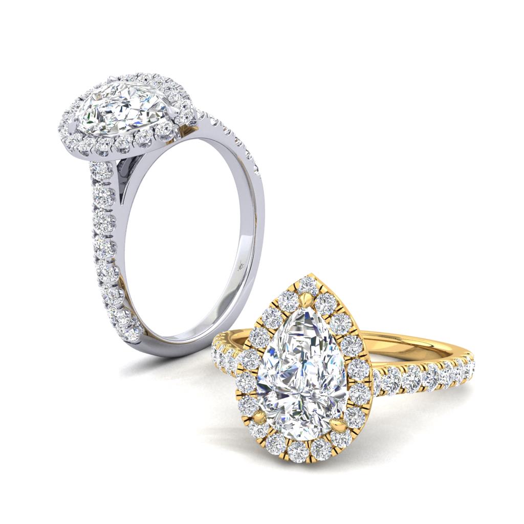 18CT Gold Pear Cut Diamond Halo Ring with Diamond Set Shoulders